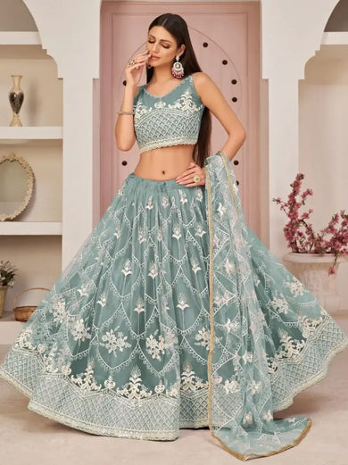 Attractive Sea-Blue Thread Embroidered Net Lehenga Choli